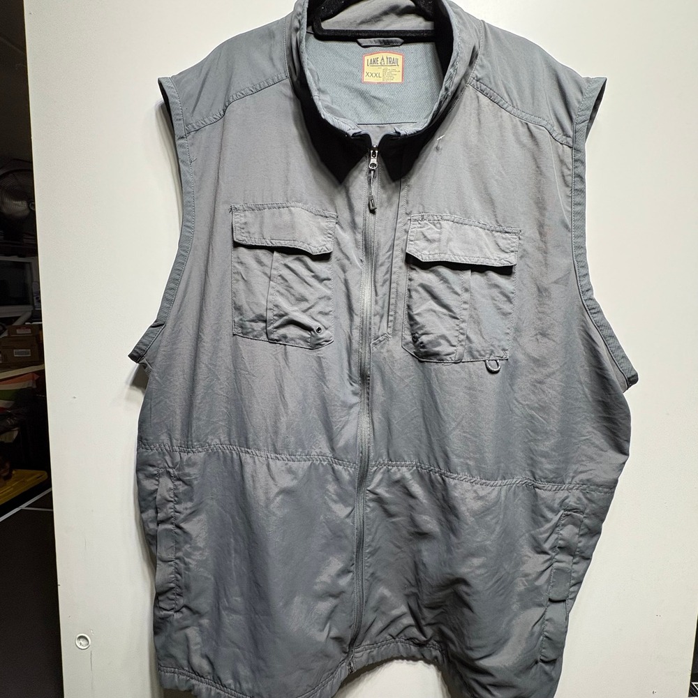 Lake & Trail Utility Vest Mens XXXL Gray Nylon Full Zip Fishing Hiking Outdoor